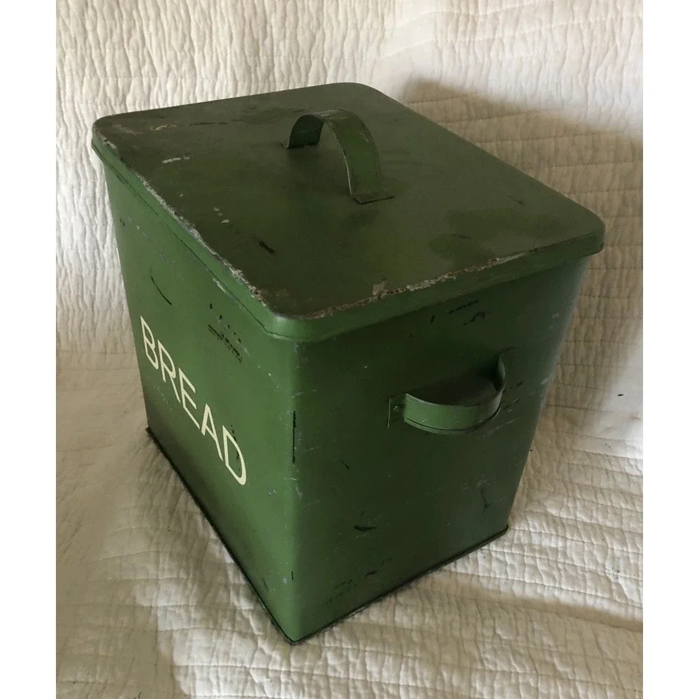 VTG Two's Company Green Metal Canisters Bread, Crackers & Biscuits Farmhouse